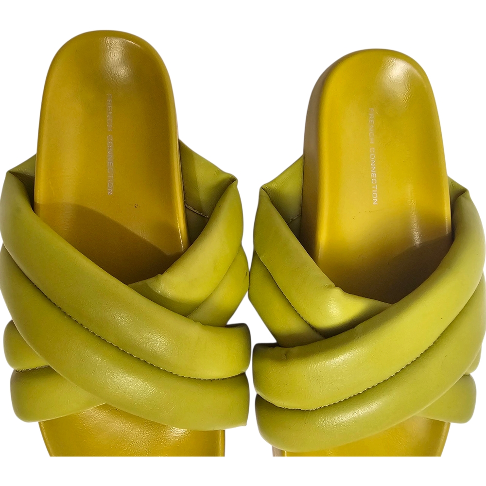French Connection Yellow Green Hayden Slide Sandals Puffy Straps Criss Cross 7 - Picture 4 of 11